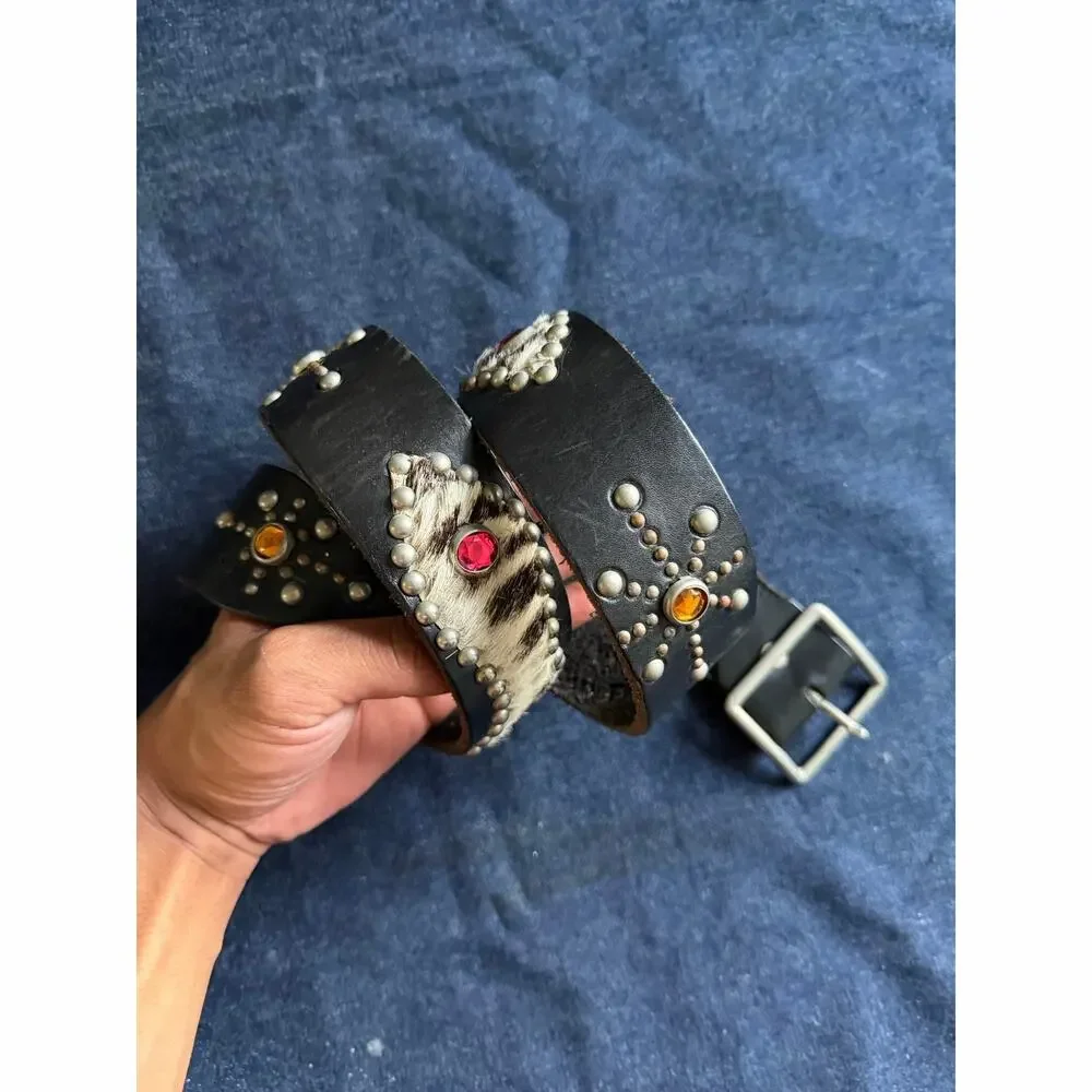 Vintage Western Black Studded Leather Belt Calf Hair Inlay Size 36